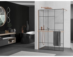 Mexen Kioto+, sprchová zástena Walk-In s poličkou a vešiakom 80 x 200 cm, 8mm číre sklo čierny vzor, medený matný profil, 800-080-121-65-78