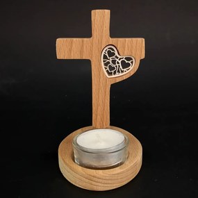 AMADEA Drevený svietnik kríž z masívneho dreva s vkladom - srdce, výška 12 cm