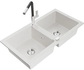 Mexen Mario, 2-komorový granitový drez 820x436x161 mm a drezová batéria Flora, biela, 6504-20-670401-07