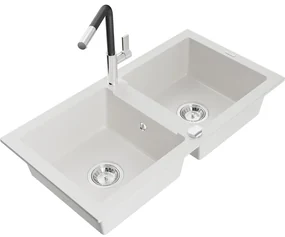 Mexen Mario, 2-komorový granitový drez 820x436x161 mm a drezová batéria Flora, biela, 6504-20-670401-07