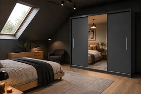 Šatníková skriňa s posuvnými dverami 200 cm PRIMO so zrkadlom čierna eben matná  MES PRIMO SZP1/1/B/B/0/AL