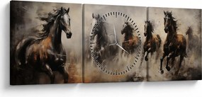 Obraz - Olejomaľba koní (s hodinami) (90x30 cm)