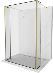 Mexen Kioto, 3-stenová sprchová zástena Walk-In 140 x 30 x 30 cm, 8mm číre sklo čierny vzor, zlatý lesklý profil,800-140-030-222-50-70-030