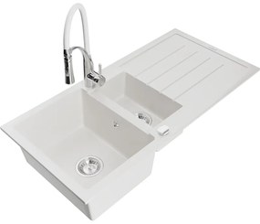 Mexen Andres, 1,5-komorový granitový drez 1000x500x200 mm a drezová batéria Aster, biela, 6515-20-73450-02