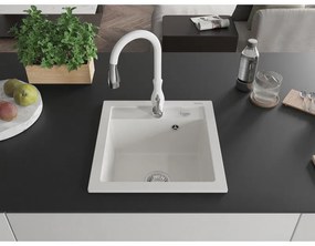 Mexen Vito, 1-komorový granitový drez 520x490x210 mm a drezová batéria Savita, biela, 6503-20-672601-20