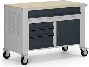 Pojazdný dielenský stôl G9, 1 skrinka, 5 zásuviek, 1180 x 595 x 865-1130 mm, sivá/grafit