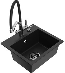 Mexen Milo, granitový drez 435x410x171 mm, 1-komorový a drezová batéria Duo, čierna, 6505-77-671701-07-B