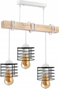 BERGE LED závesné stropné svietidlo, drevené, biele, 3xE27, loft pružina