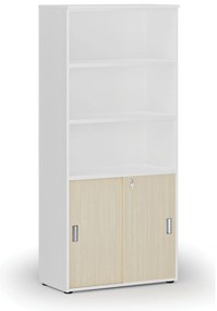 Kombinovaná kancelárska skriňa PRIMO WHITE, zasúvacie dvere na 2 poschodia, 800 x 420 x 1781 mm, biela/breza
