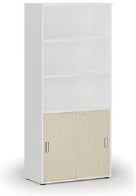 Kombinovaná kancelárska skriňa PRIMO WHITE, zasúvacie dvere na 2 poschodia, 800 x 420 x 1781 mm, biela/breza