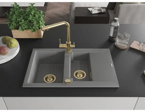 Mexen Gaspar, granitový drez 737x475x177 mm, 1,5-komorový, zlatá batéria Duero, šedá, 6507-71-671600-50