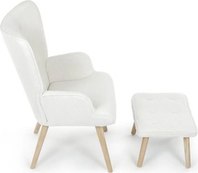 Relaxačné kreslo ušiak ROMEO II + taburet — masívne drevo, látka bouclé, prírodná / biela