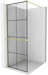 Mexen Kioto+, sprchová zástena Walk-In s poličkou a vešiakom 70 x 200 cm, 8mm číre sklo čierny vzor, zlatý matný profil, 800-070-121-55-77