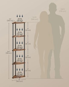 5-úrovňová rohová polica, rýchla montáž, rustikálny hnedý úložný regál