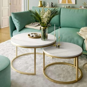 OKRÚHLY KONFERENČNÝ STOLÍK LEONARDO 2 v 1 BIELY MRAMOR + ZLATÝ PODSTAVEC