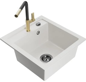 Mexen Vito, 1-komorový granitový drez 490x520x210 mm a drezová batéria Flora, biela, 6503-20-670401-57-B