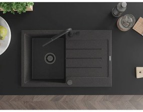 Mexen Bruno, 1-komorový granitový drez 795x495x200 mm a drezová batéria Flora, čierna škvrnitá, 6513-76-670401-70-B