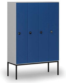 Drevená šatníková skrinka s podnožou, 4 oddiely, 1871 x 1200 x 500 mm, demont, RFID zámok, sivá / modrá
