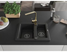 Mexen Carlos, 1,5-komorový granitový drez s odkvapkávačom 582x475x177 mm a čierna kuchynská batéria Rita, čierna, 6518-77-670300-70-B
