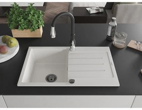 Mexen Bruno, 1-komorový granitový drez 795x495x200 mm a drezová batéria Savita, biela, 6513-20-672601-70