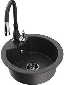 Mexen Diego, 1-komorový granitový drez 488x488x167 mm a drezová batéria Savita, čierna škvrtnitá, 6512-76-672601-70-B