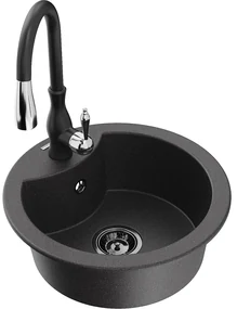 Mexen Diego, 1-komorový granitový drez 488x488x167 mm a drezová batéria Savita, čierna škvrtnitá, 6512-76-672601-70-B