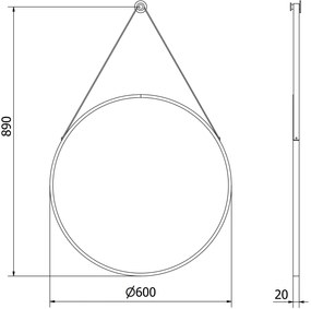 Mexen String, okrúhle kúpeľňové zrkadlo na pásiku 60 cm, farba rámu čierna matná, 9854-060-060-000-70