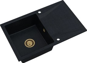 Sink Quality Obsidian, kuchynský granitový drez 790x500x210 mm + zlatý sifón, čierna škvrnitá-Brocade, SKQ-OBS.B.1KDO.XG