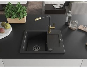 Mexen Enzo, 1-komorový granitový drez 576x465x174 mm a drezová batéria Flora, čierna, 6506-77-670401-57-B