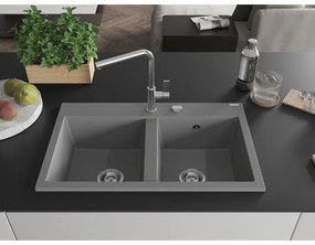 Mexen Hektor, 2-komorový granitový drez 800x480x205 mm, šedá, chrómový sifón, 6521802000-71