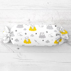 Biante Detský vankúš valec bonbon Sandra SA-725 Medvedíky na žlto-sivých obláčikoch na bielom 15x80 cm