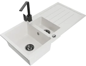 Mexen Andres, granitový drez 1000x500x200 mm, 1,5-komorový, biela s čiernym sifónom a čierna drezová batéria Rita, 6515-20-670300-70