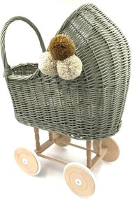 Prútený vysoký kočík pre bábiky olivová