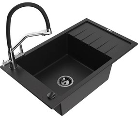Mexen Elias, 1-komorový granitový drez 795x480x200 mm a drezová batéria Duo, čierna, 6511-77-671701-07-B