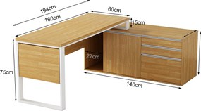 Rohový kancelářský stůl s komodou Houseland Nuvia Home 04 194 cm dub/bílý