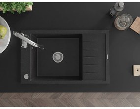 Mexen Elias, 1-komorový granitový drez 795x480x200 mm a drezová batéria Savita, čierna-strieborná metalíza, 6511-73-672601-00