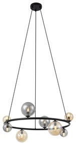 Závesná lampa čierna s dymovým a jantárovým sklom okrúhla 8-svetiel - Monaco