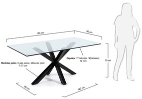 Jedálenský stôl so sklenenou doskou Kave Home s čiernym podnožím, 160 x 90 cm