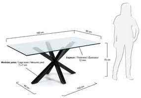 Jedálenský stôl so sklenenou doskou Kave Home s čiernym podnožím, 160 x 90 cm