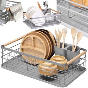 eCarla Odkvapkávač na riad a na príbory s drevenými rúčkami sivý, 43 x 30,5 x 14 cm