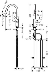 Hansgrohe Focus M41, drezová batéria M4116-H240 s výsuvnou spŕškou, sBOX, chrómová, HAN-73880000