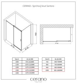 Cerano Lantono, sprchovací kút s posuvnými dverami 130(dvere) x 100(stena) x 195 cm, 8mm číre sklo, čierny profil, CER-CER-431515