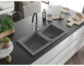 Mexen Mario, granitový drez 820x436x161 mm, 2-komorový a drezová batéria Aster, šedá, 6504-71-73450-07-B