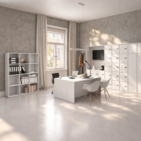Kancelárska skriňa FRAME, nízka, biela podnož, 6x dvere, 1299 x 450 x 1331 mm, mechanický kódový zámok, biela