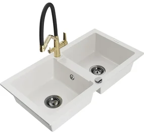Mexen Mario, granitový drez 820x436x161 mm, 2-komorový a drezová batéria Duo, biela, 6504-20-671701-57-B