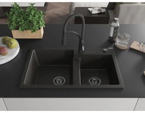 Mexen Tomas, 2-komorový granitový drez 800x500x190 mm a drezová batéria Aster, čierna-zlatá metalíza, 6516-75-73450-70-B