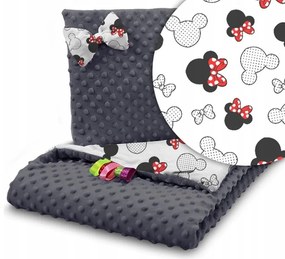 Detská deka do kočíka s vankúšikom a motýlikom - BABYMAM PREMIUM set 3v1 - Myška Minnie s grafitovou minky