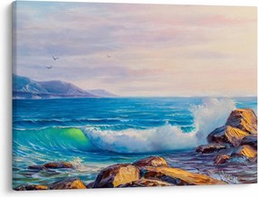 Obraz vĺn narážajúcich na útesy, olejomaľba (70x50 cm)