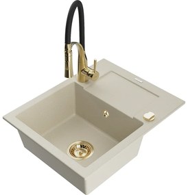 Mexen Enzo, 1-komorový granitový drez 576x465x174 mm a drezová batéria Aster, béžová, 6506-69-73450-57-G