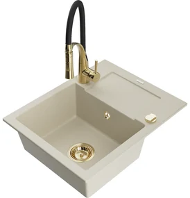 Mexen Enzo, 1-komorový granitový drez 576x465x174 mm a drezová batéria Aster, béžová, 6506-69-73450-57-G